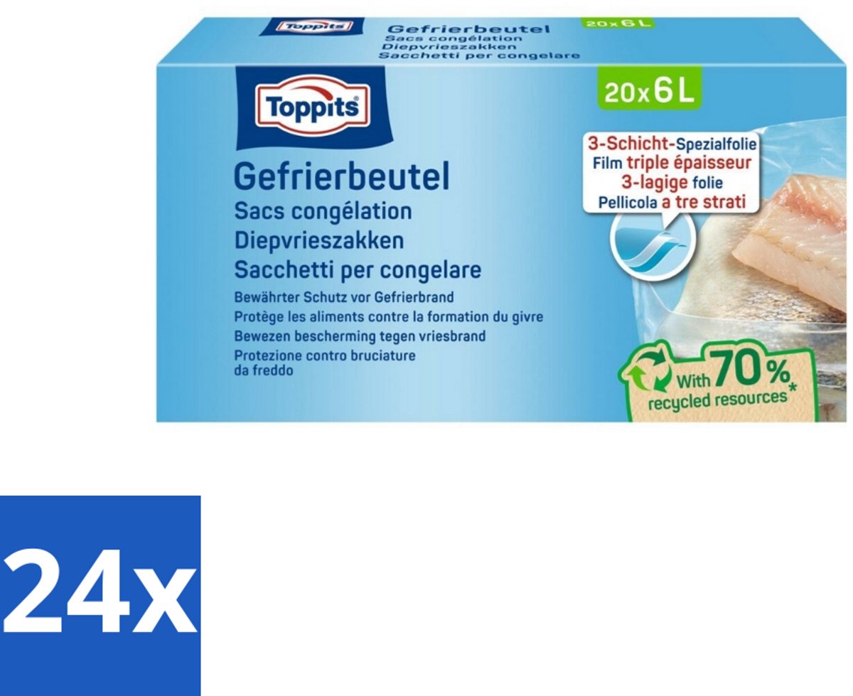 Toppits – Diepvrieszakken – 6 Liter – 20 Zakjes - Voordeelverpakking - 24 stuks