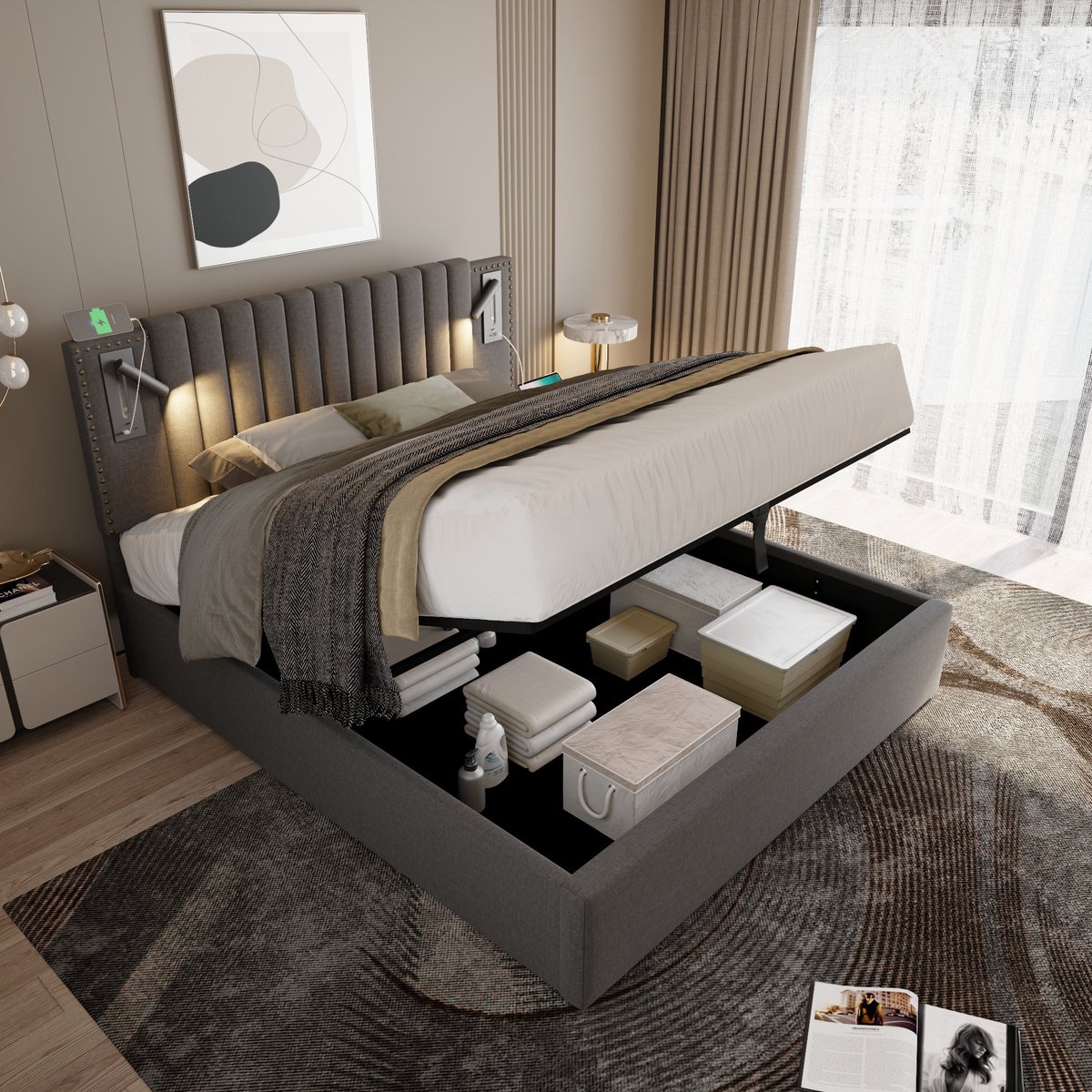 REDOM Bedframe 160x200 cm – Katoen-linnen grijs – Met leeslamp, 2x USB, 2x Type-C & gaslif