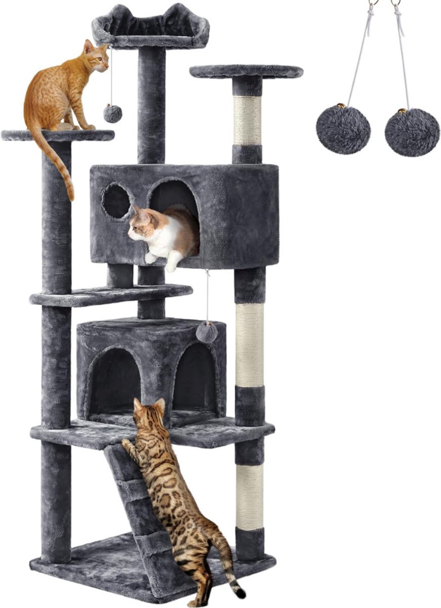 Yaheetech Krabpaal voor Katten – Stevige Krabboom met Platforms, Huisjes en Sisal Krabpalen – Luxe Krabmeubel voor Binnenkatten