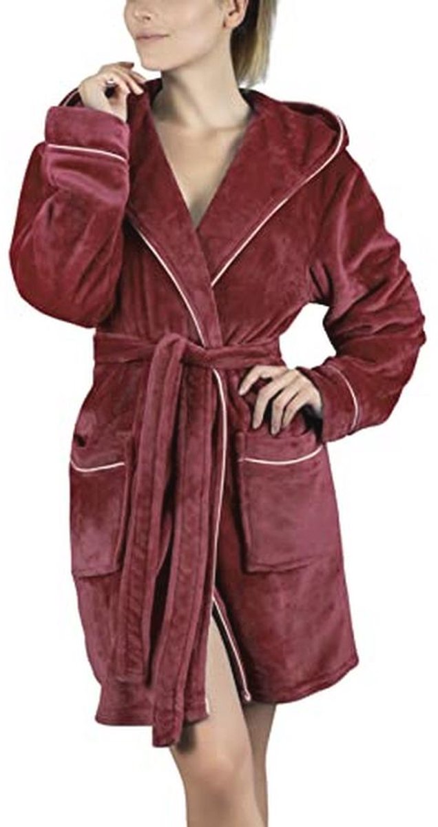 Fluffy Badjas Dames met Capuchon - Knuffel Fleece - Oeko-Tex Standaard 100 - Korte Kamerjas Maat S - XXXL