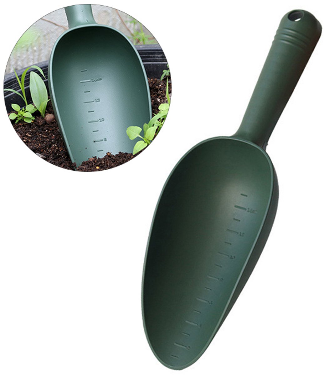 Tuinschep - Potgrondschep - Graafschep - Kunststof tuinschep - Antislip handvat - 30*9cm - Tuingereedschap -Met schaalverdeling - Geschikt voor het losmaken van grond, graven, planten van zaailingen, verplanten, wieden - Donkergroen