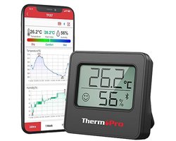 ThermoPro TP357 Room Thermometer Thermometer Hygrometer Bluetooth 80 m Digital with App Humidity Meter with Smiley Indicator and Graph Black