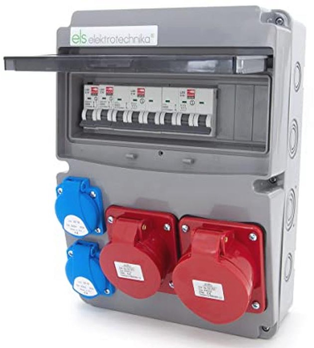 Stroomverdelerkast 11 modules met 2x 230V, CEE 16A en 32A stopcontacten, wandverdeler, elektrisch bouwplaats aansluitpunt