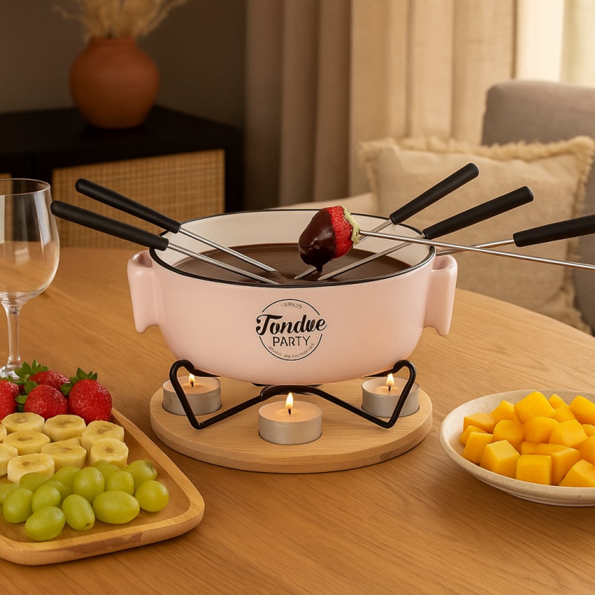 Fondue Set voor 4 Personen – Porseleinen Fonduepan met Bamboe Onderplaat – Inclusief Vorken – foto 2
