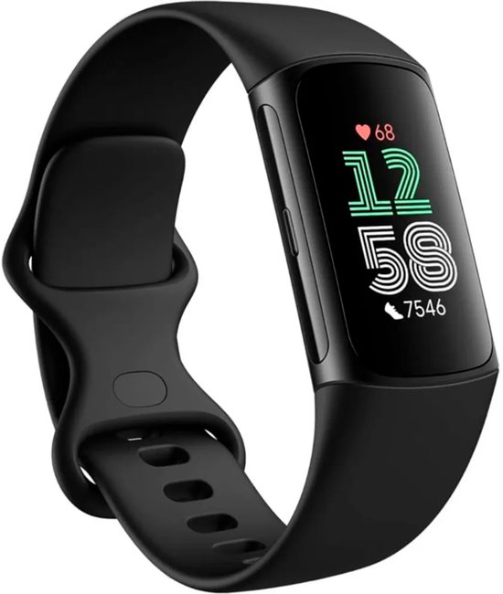 Zwarte Fitbit Charge 6 activity tracker met een zwarte band en een display met tijd, hartslag en stappenteller.