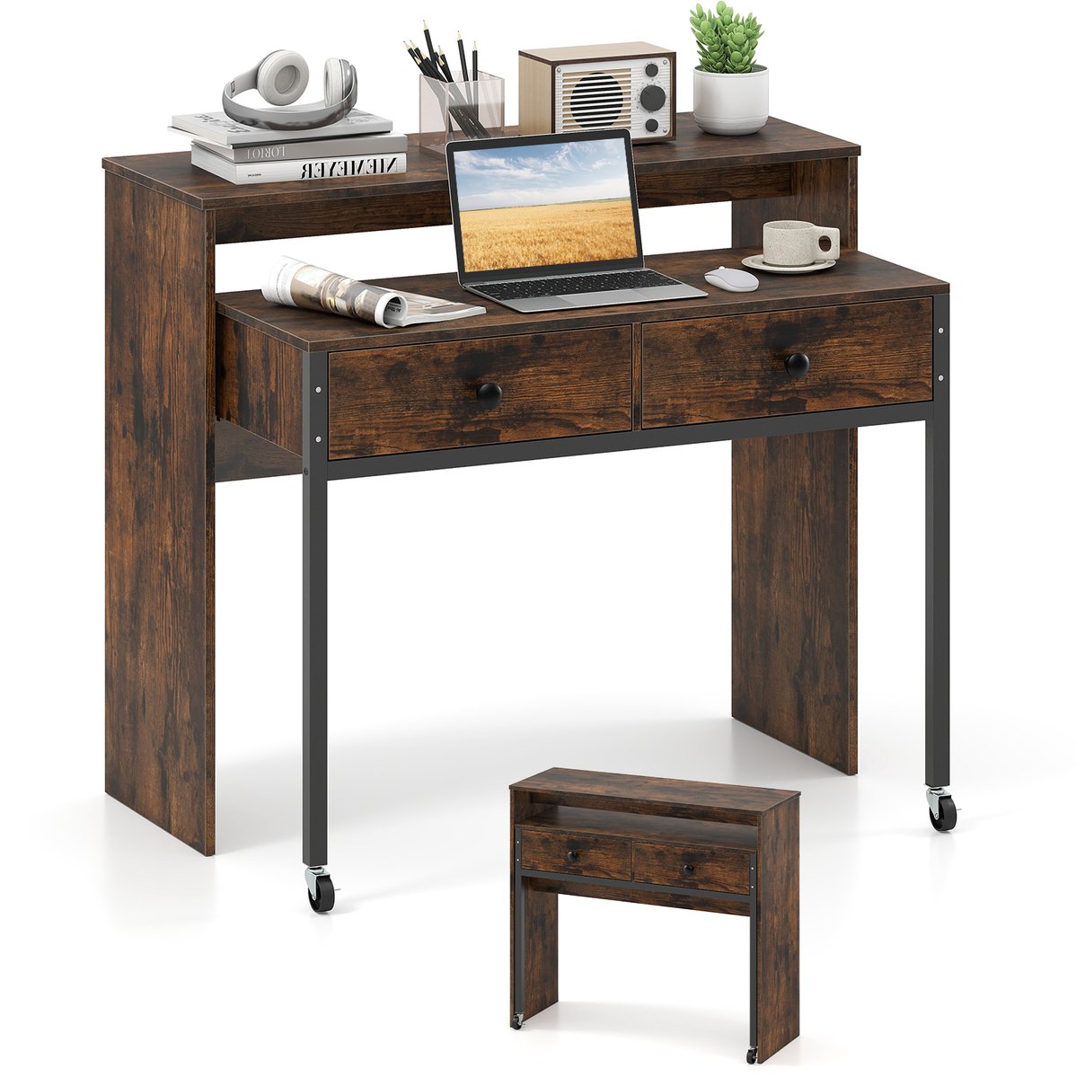COSTWAY Bureau uittrekbaar, kleine computertafel met 2 laden en wieltjes, bureautafel met metalen frame, werktafel, pc-tafel voor thuis, kantoor, 100 x 63 x 88 cm (bruin)