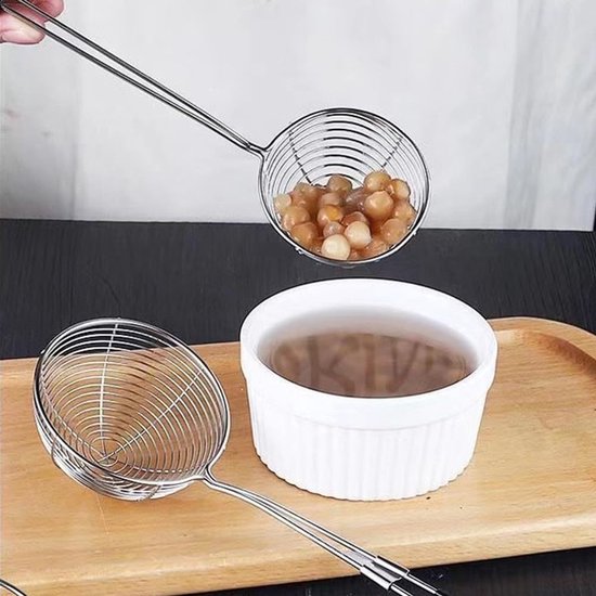 RVS Zeef Set 6 Stuks - Parelvormige Lepelzeef voor Hot Pot - Draadhandvat Kookzeef - Geschikt voor Gehaktballen en Soep - Keukenoliefilter voor Frituurvet - Zwarte Zeef met Drie Afmetingen — afbeelding 5