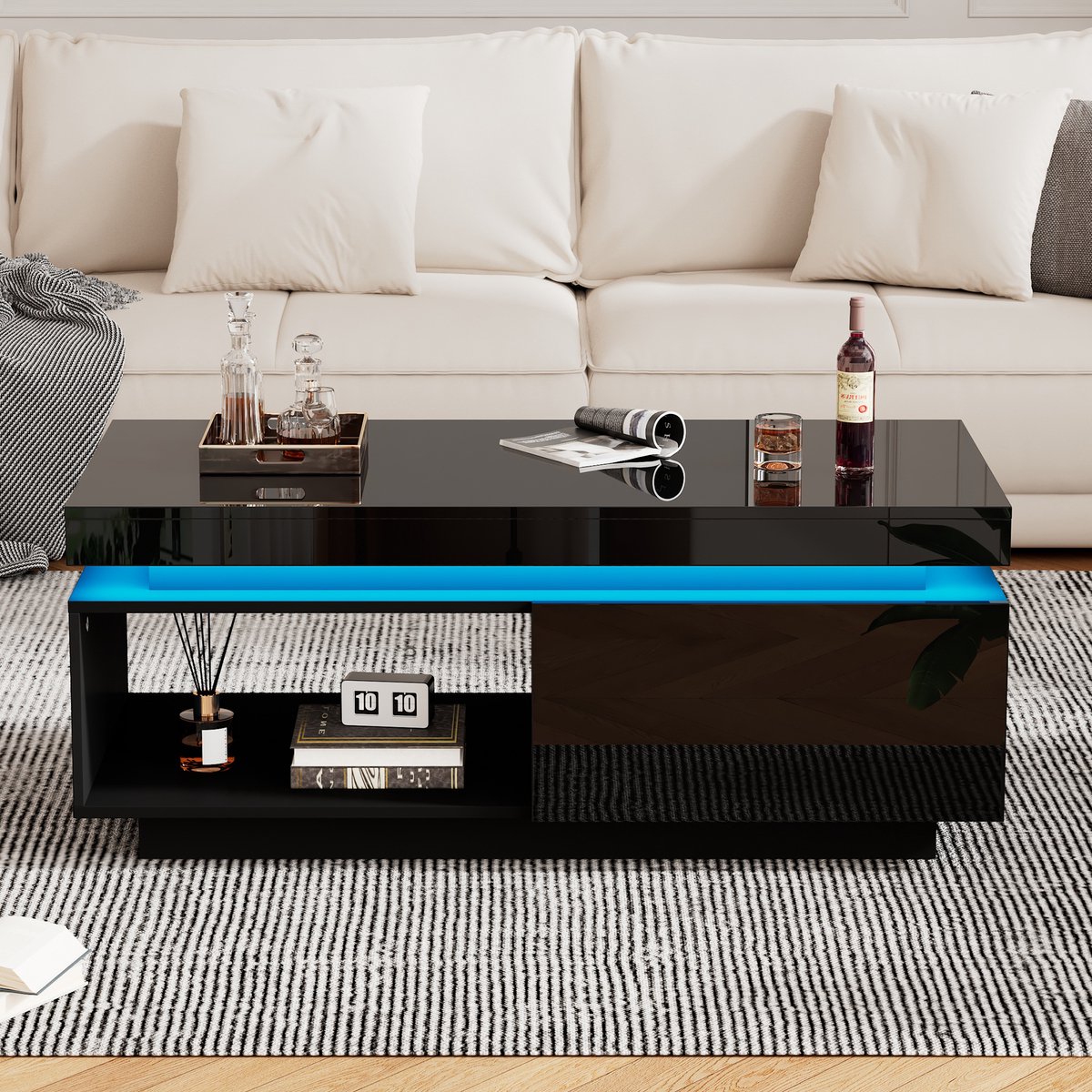 Wishdor Hoogglans salontafel met geïntegreerde LED‑verlichting, ruime lade, 50 kg draagvermogen — 100×50×40,3 cm, zwart