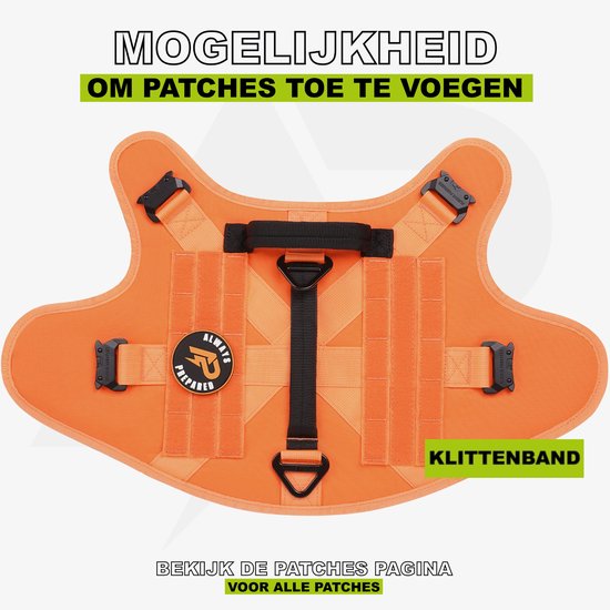 Orange hondentuig met klittenband voor patches. Metalen gespen aan de zijkanten.