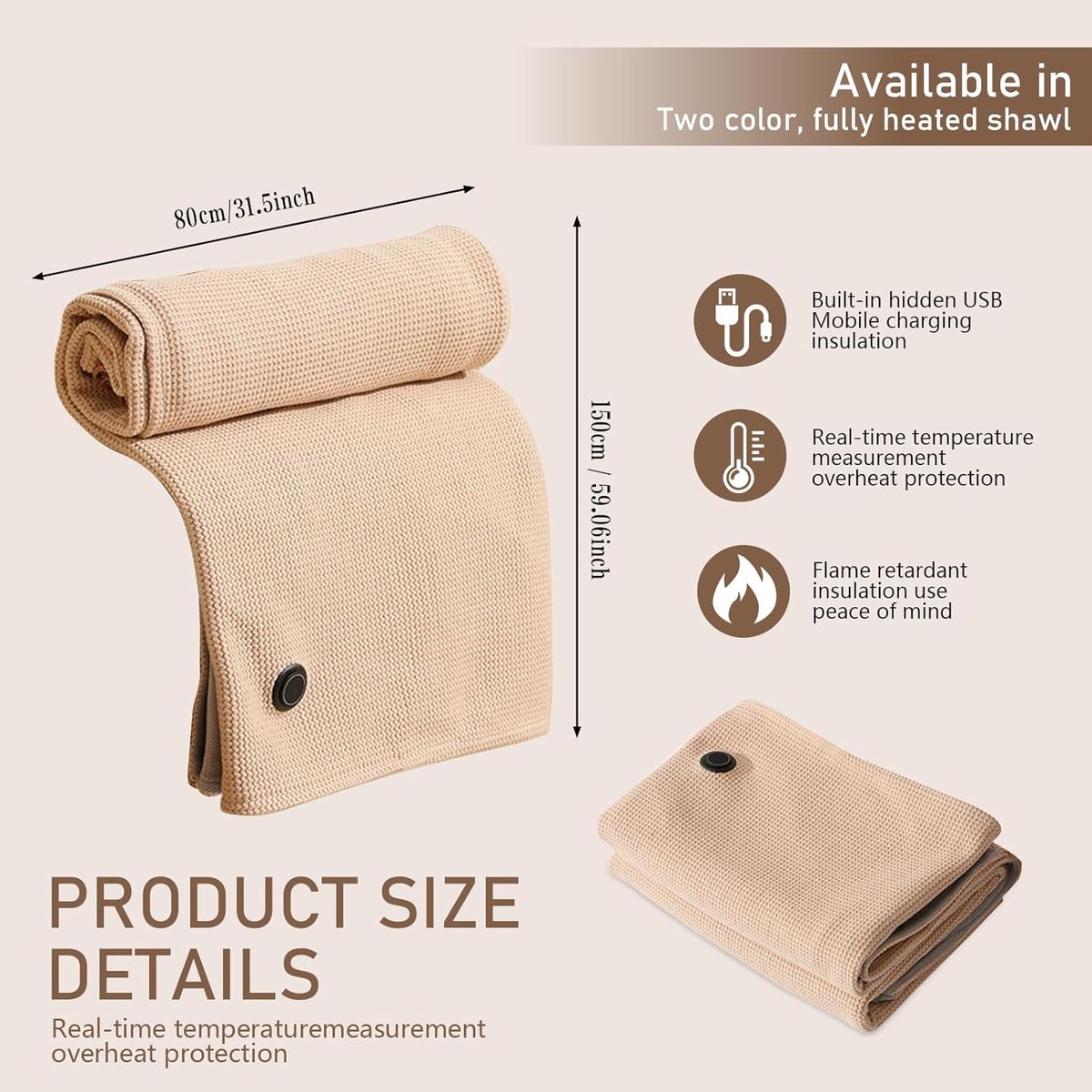 Elektrische deken - 150x80cm - Oplaadbare elektrische deken - Verwarmde deken - USB-aangedreven winterdeken - Draagbare verwarmde omslagdoek - Zachte verwarmde omslagdoek met snoer - Geschikt voor gebruik op kantoor - Beige – foto 4