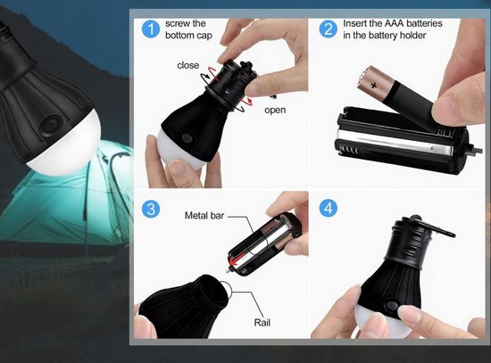 4 stuks - Draagbare LED-tentlamp - Waterdichte kampeerlamp - Noodverlichting met karabijnhaak - Met haak - Op batterijen - ABS-materiaal - Geschikt voor wandelen, feesten, kamperen, vissen - Zwart — afbeelding 3