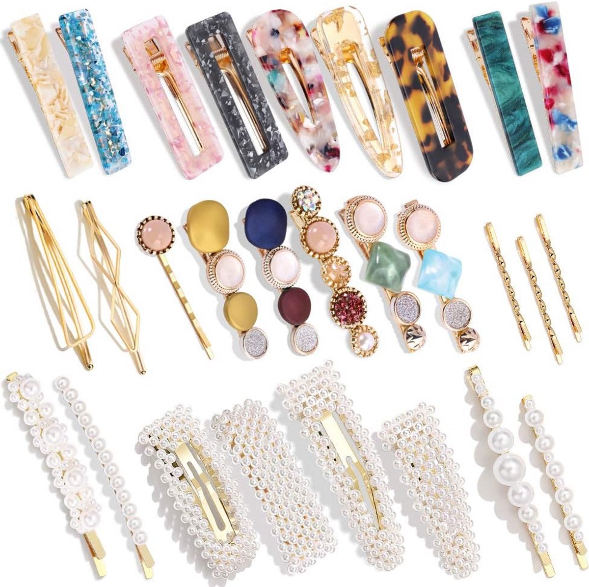 28x Elegante Haarspeldjes Set - Parel, Marmer & Glitter Krokodillenklemmen Voor Dames