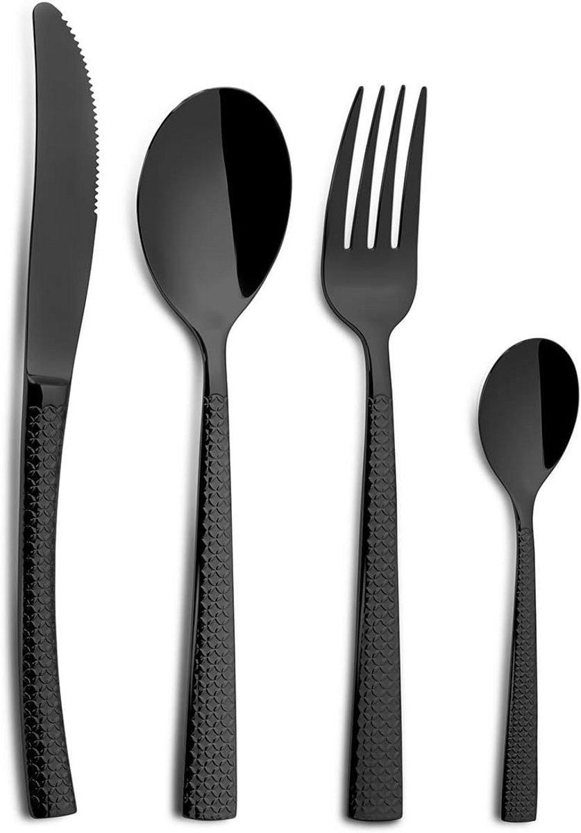 24-delige Zwarte Bestekset - Roestvrij Staal Bestekset met Reliëf Handvat