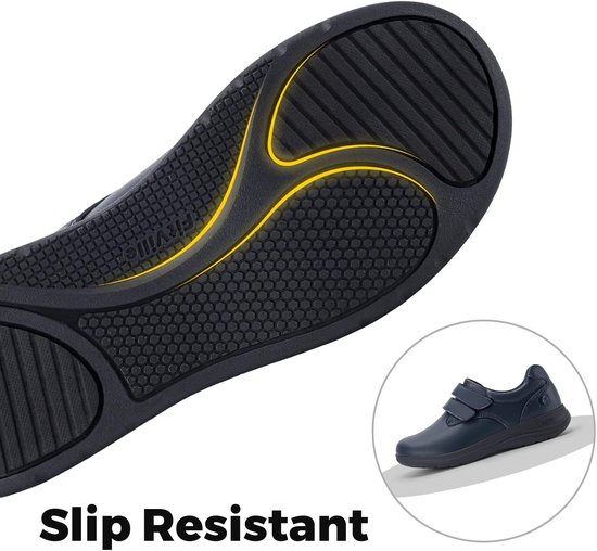 Zool van donkerblauwe damesschoen met anti-slip profiel en honingraatpatroon. Een kleine schoen is zichtbaar in de hoek.