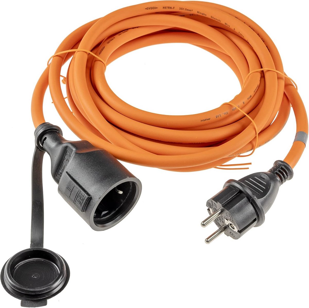 Verlengkabel 5 m met beschermkap – rubberen buitenkabel H07RN-F 3G1,5 mm² – IP44 – geschikt voor binnen en buiten – geaard – oranje