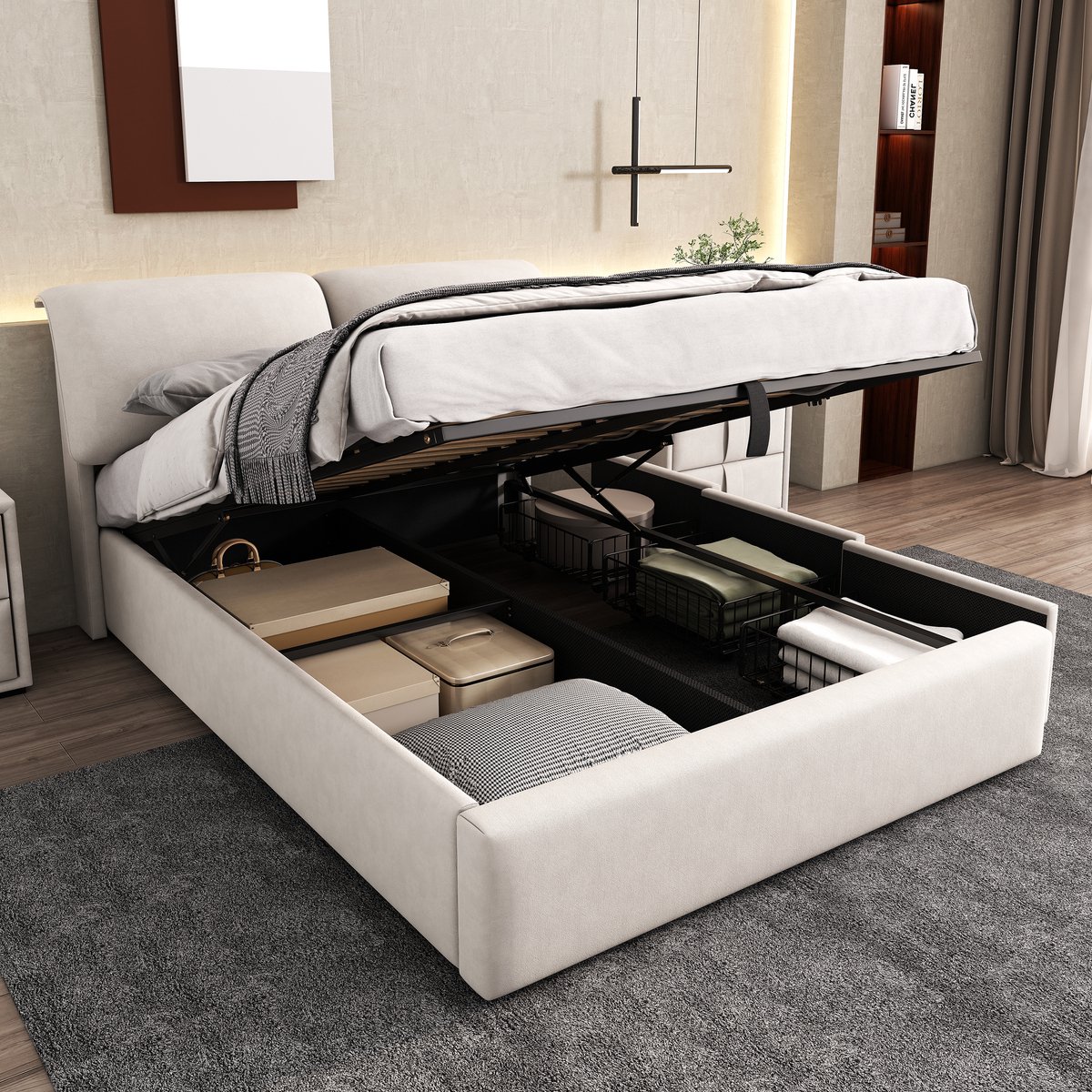 OKWISH Gestoffeerd Bed 140x200 cm - Hydraulisch Met Gaslift - 3 Laden En Bedkist - Met Verstelbaar Hoofdeinde En Lattenrost - Fluweel - Beige - Zonder matras Wit