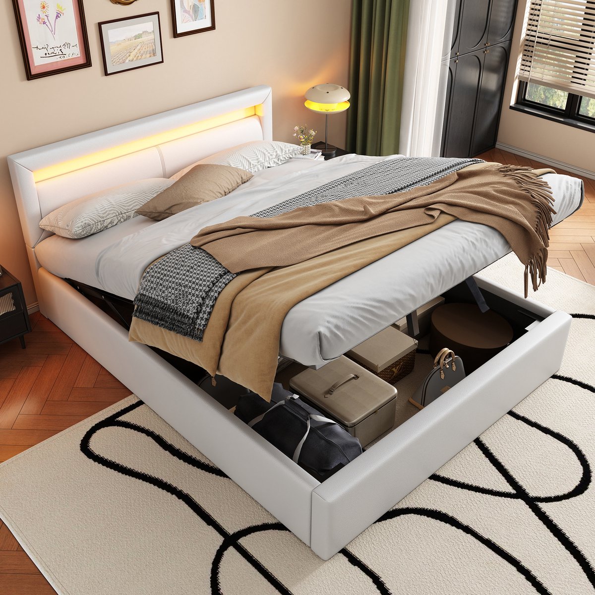 STILVORA Gestoffeerd bed 140x200 cm – Tweepersoonsbed met LED-hoofddeel & opbergruimte – Hoog hoofdeinde 80 cm – PU-kunstleer – Wit – Zonder matras