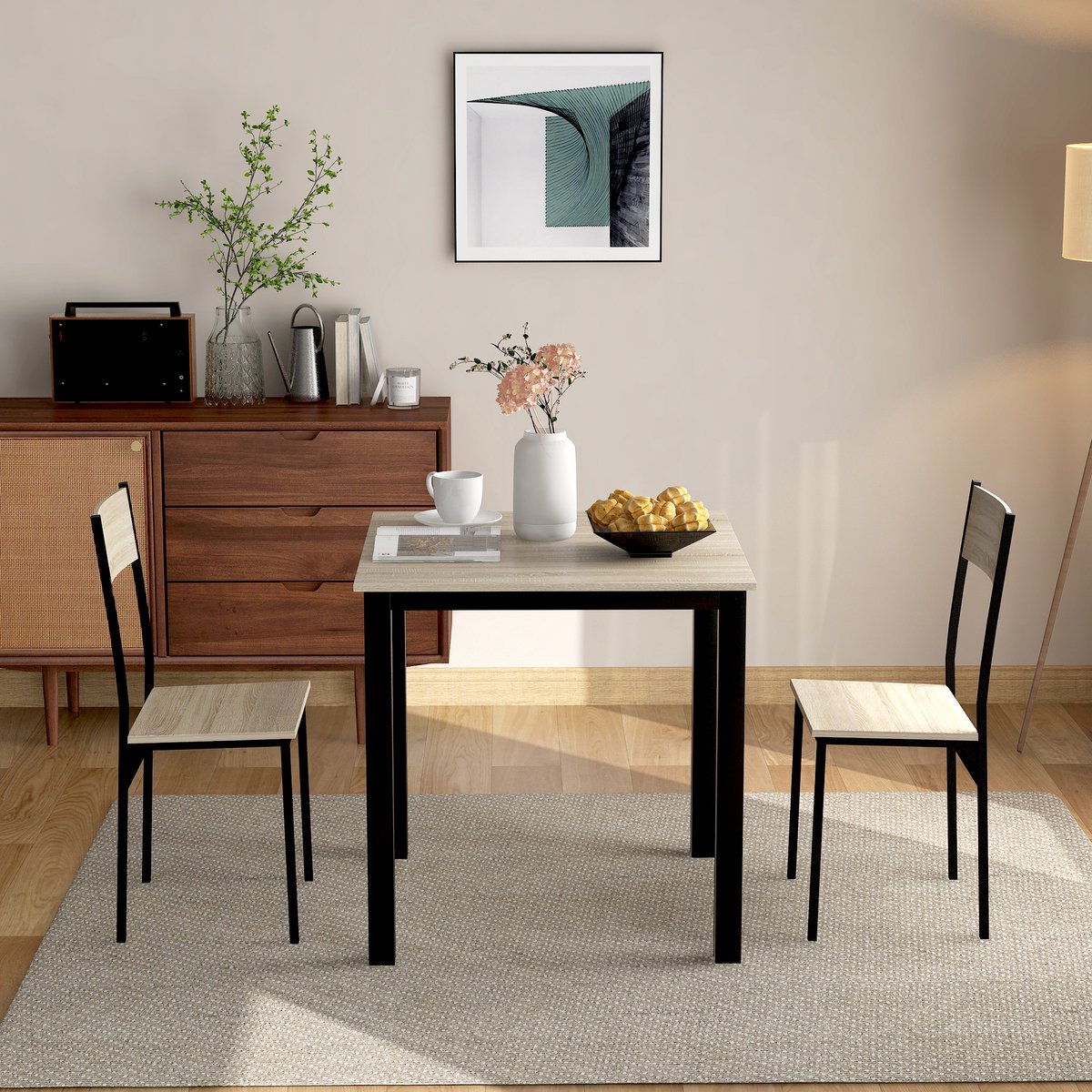 OKWISH Eettafelset – Compact Ruimtebesparend – 2 Stoelen – 70×70×75 cm – Waterdicht Oppervlak – MDF Tafelblad met PVC – Metaal Frame – Lichtbruin