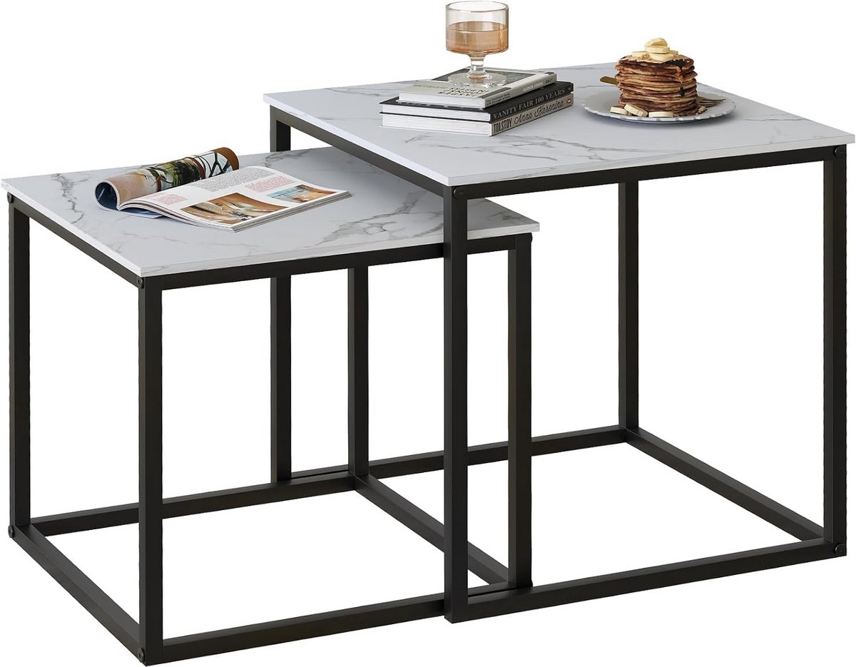 Set van 2 Vierkante Salontafels - Moderne Koffietafel en Bijzettafel in Zwart en Wit
