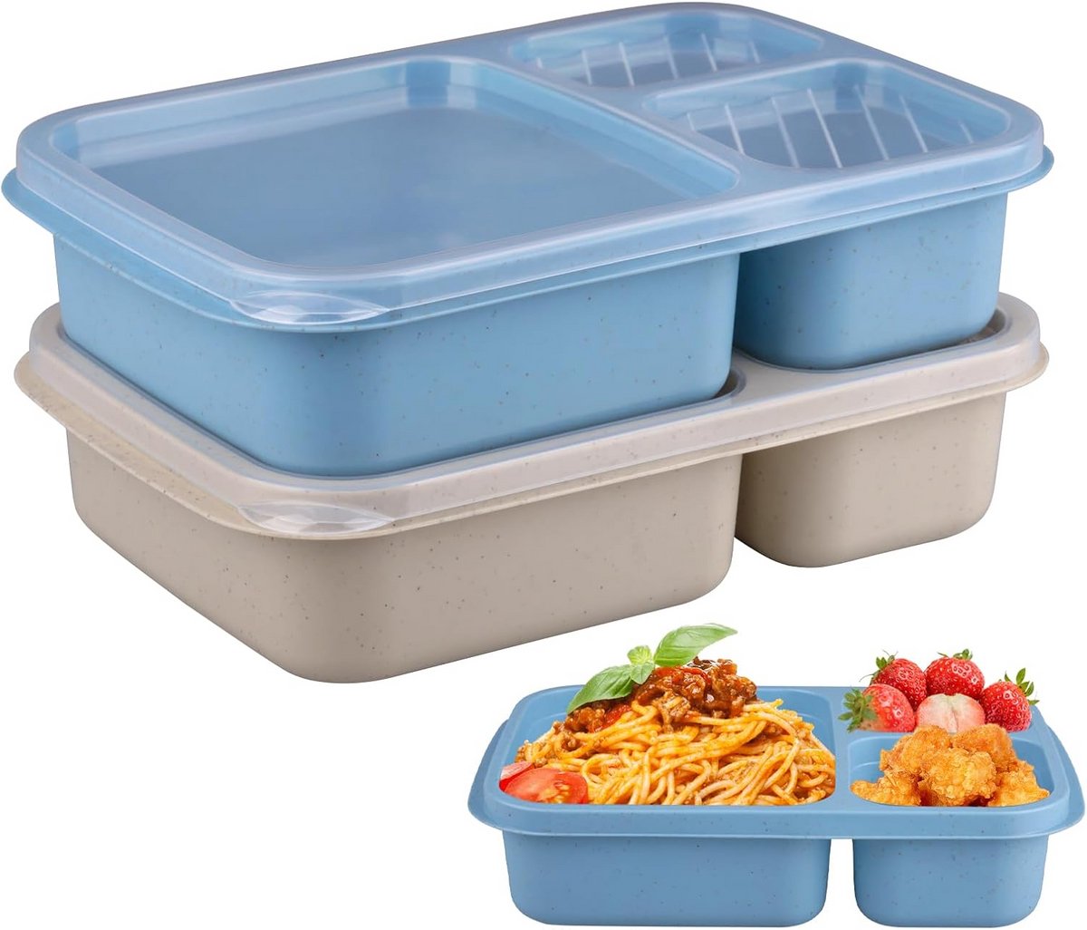Set van 2 Bento Lunchboxen met 3 Vakken - Magnetron- en Vaatwasmachinebestendig