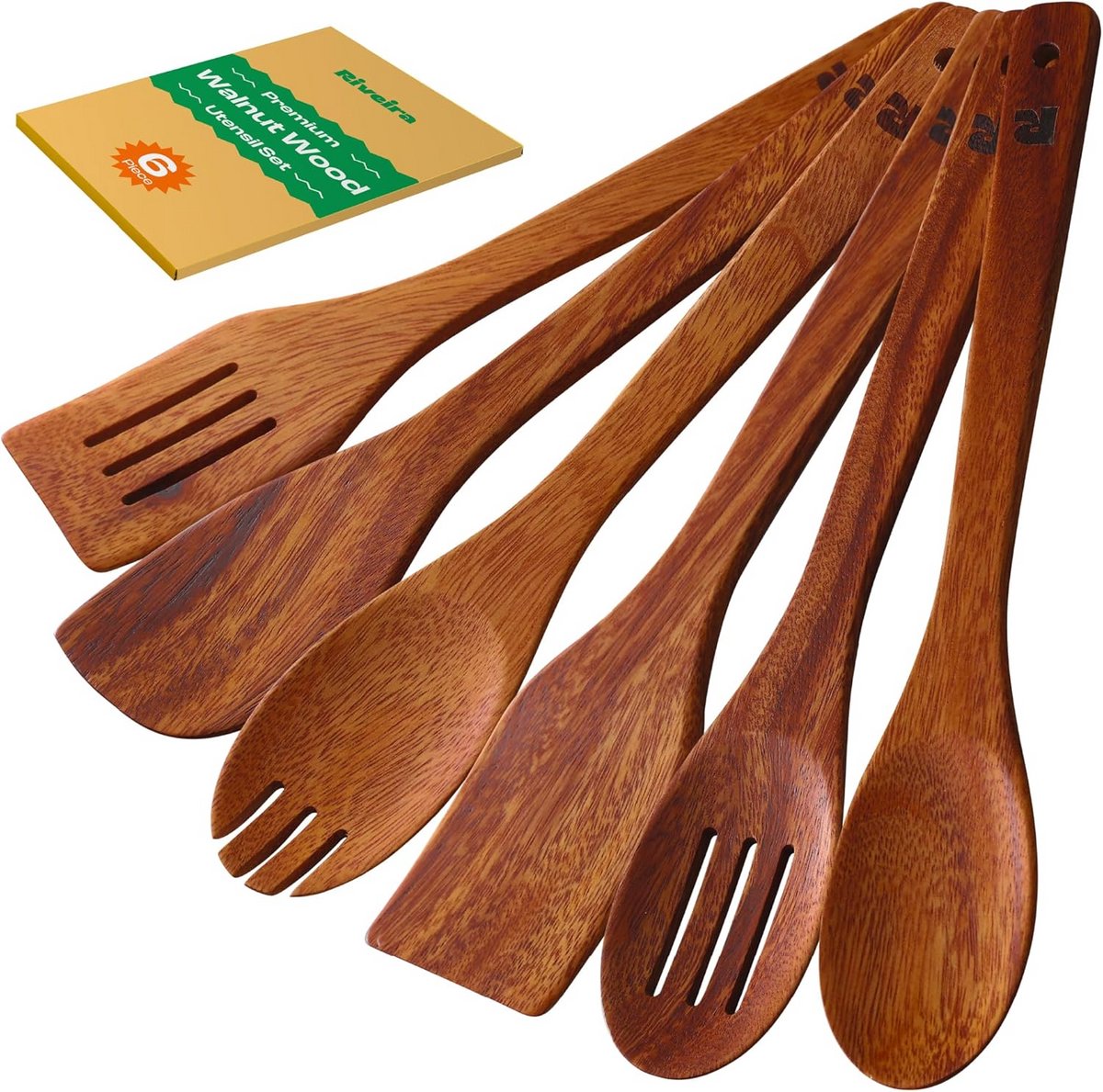Set van 6 Walnoot Houten Kooklepels en Spatels - Keukengerei Set