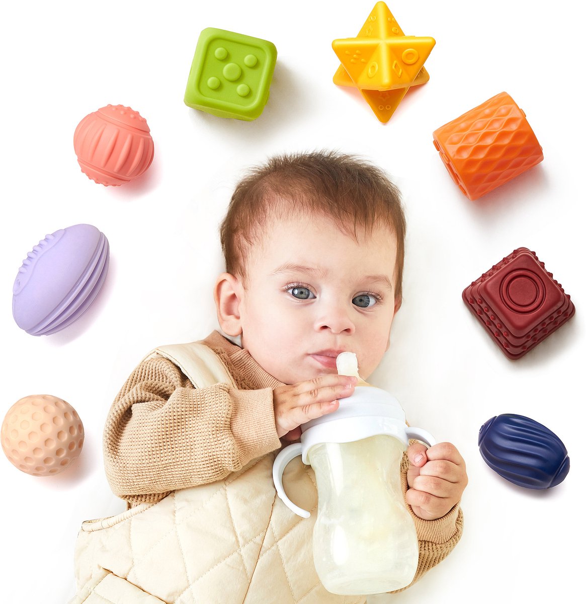 Babyspeelgoed 0-6 maanden sensorische ballen blokken stapelen, educatief zacht knijpspeelgoed, kinderziektes kauwspeelgoed babybadspeelgoed peuters motoriek 0-3 jaar (8 stuks)
