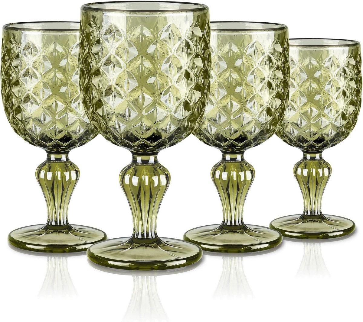 Set van 4 Groene Vintage Wijnglazen 330ml met Geometrisch Reliëf