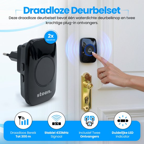 STEEN Deurbel Draadloos - Draadloze Deurbel met 2 ontvangers - Deurbellen - IP44 waterdicht - 300m Bereik - 5 Volume standen - Plug & Play — afbeelding 4