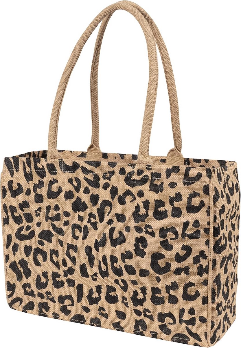 Grote Jute Draagtas met Luipaardprint en Binnenritsvak