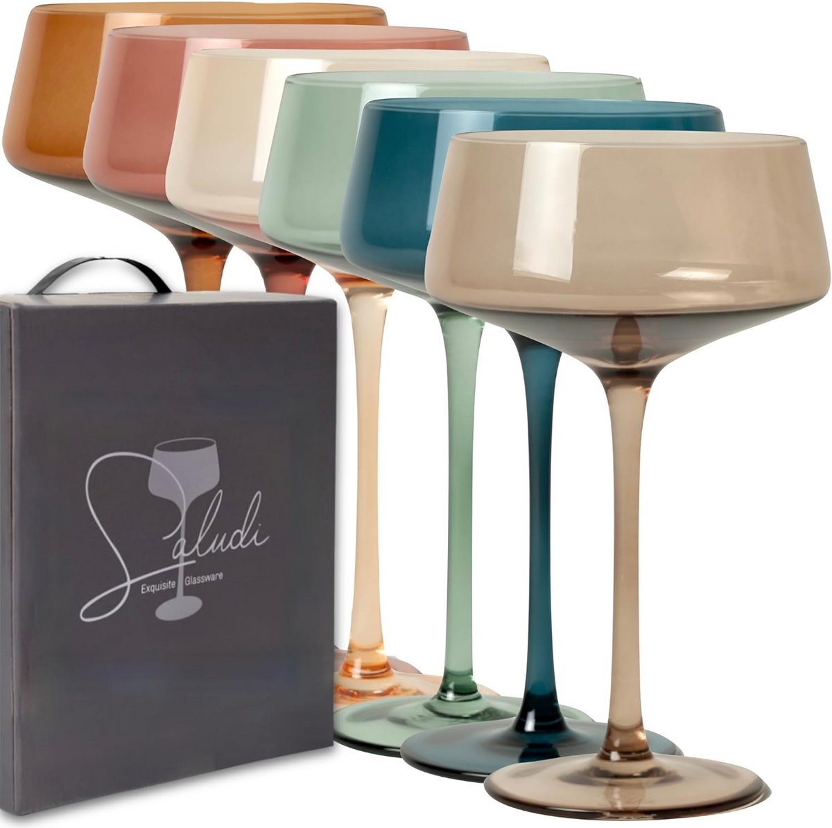 Set van 6 Gekleurde Coupe Glazen - 300ml Stengelglazen voor Cocktails en Feesten