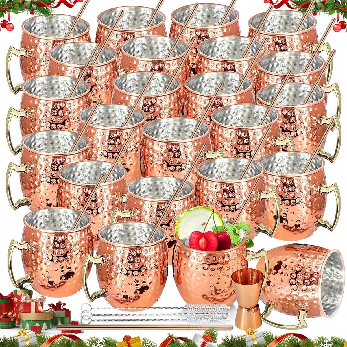 Set van 24 Koperen Mokken 18oz voor Moscow Mules en Cocktails met Rietjes en Jigger