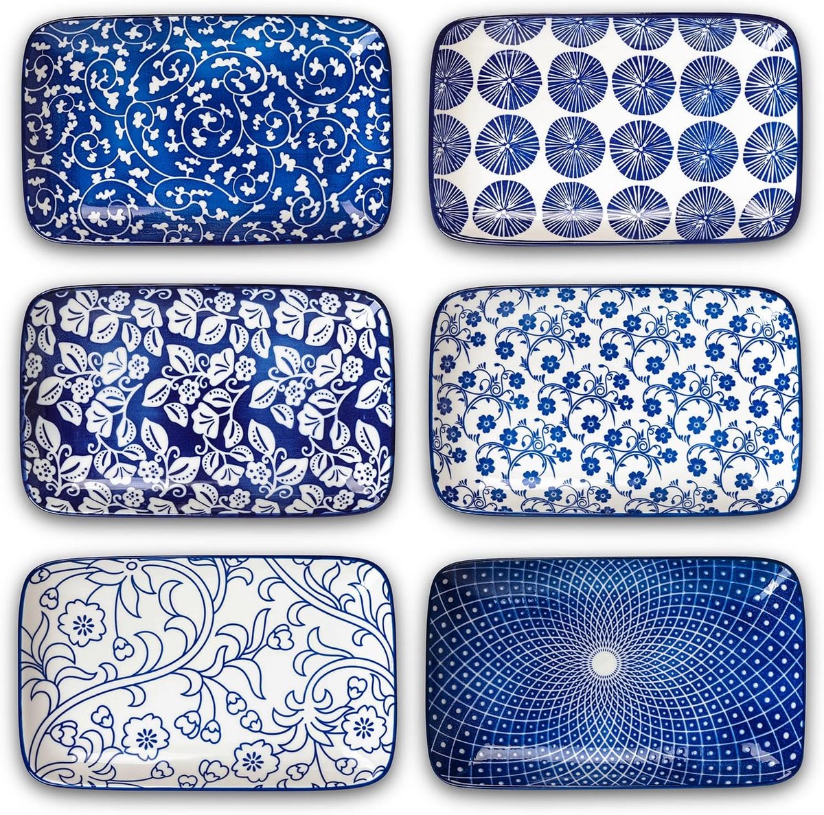 Set van 6 Grote Rechthoekige Keramische Borden Vintage Blauw
