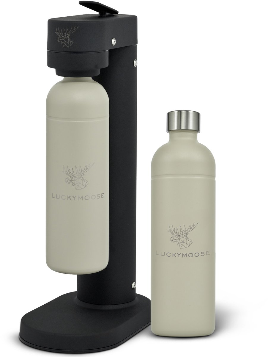 Luckymoose Bruiswatertoestel Infinity-S - Soda Maker met 2x 1,25L RVS Drinkfles Zand - Bruiswater Toestel Zwart - Werkt met blauwe cilinders