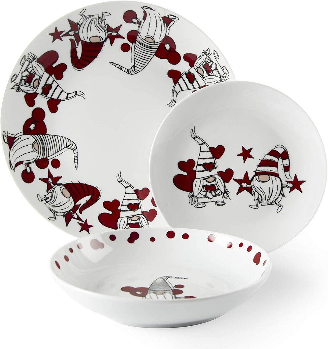 18-Delig Bordenservies Porselein Rood Kabouter Design - Diner Set