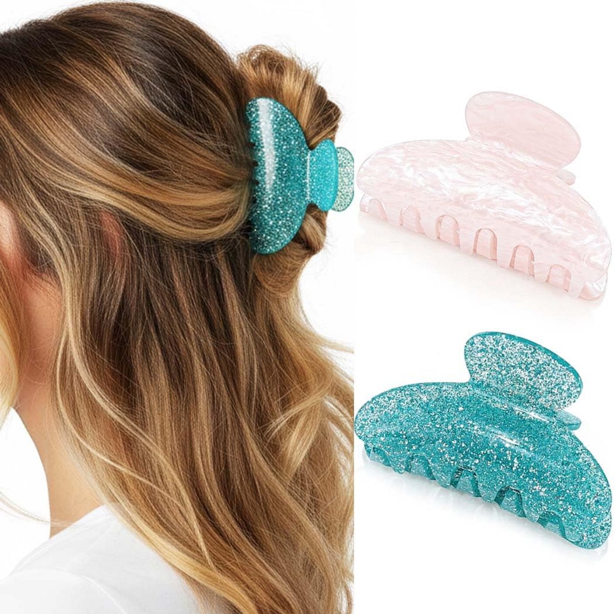 Middellange Acryl Haarclip Roze met Strik en Parels voor Dames