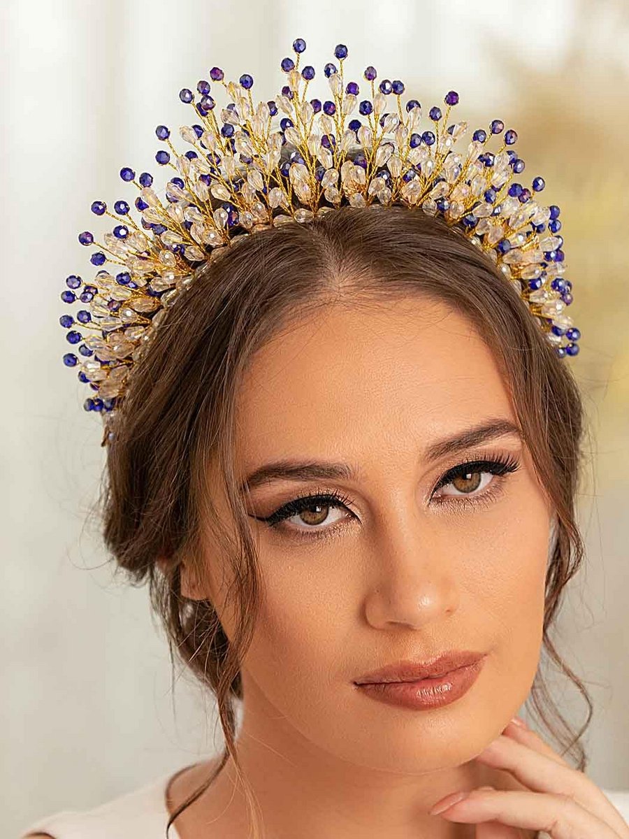 Elegante Blauwe Kristallen Haarband met Parels voor Bruiloft en Feest