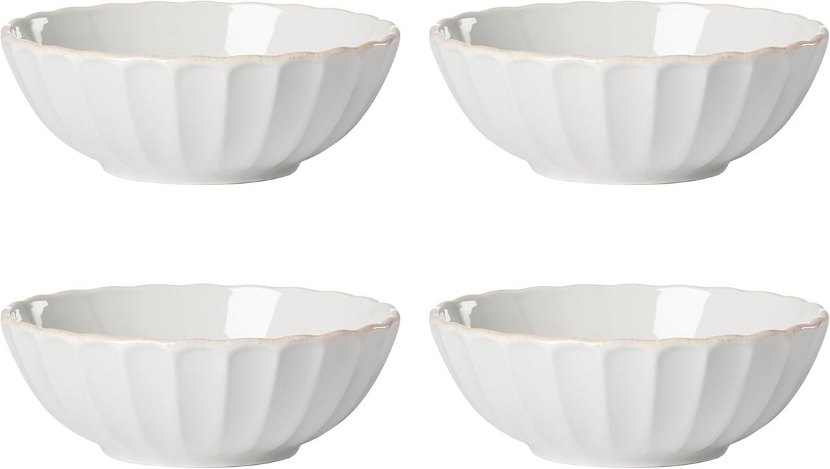 Set van 4 Steengoed Kommen met Sierlijke Rand, Wit