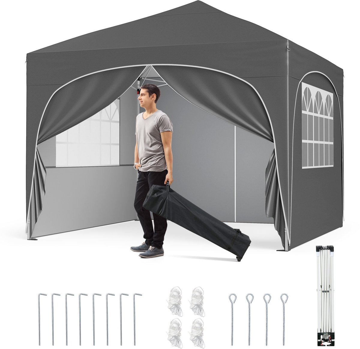 COSTWAY Paviljoen 3x3 m, vouwpaviljoen met 4 afneembare zijwanden, tuintent incl. roltas, 8 haringen, 4 ankers, 4 scheerlijnen, 4 zandzakken, tuinpaviljoen voor strand, tuin, park (grijs)