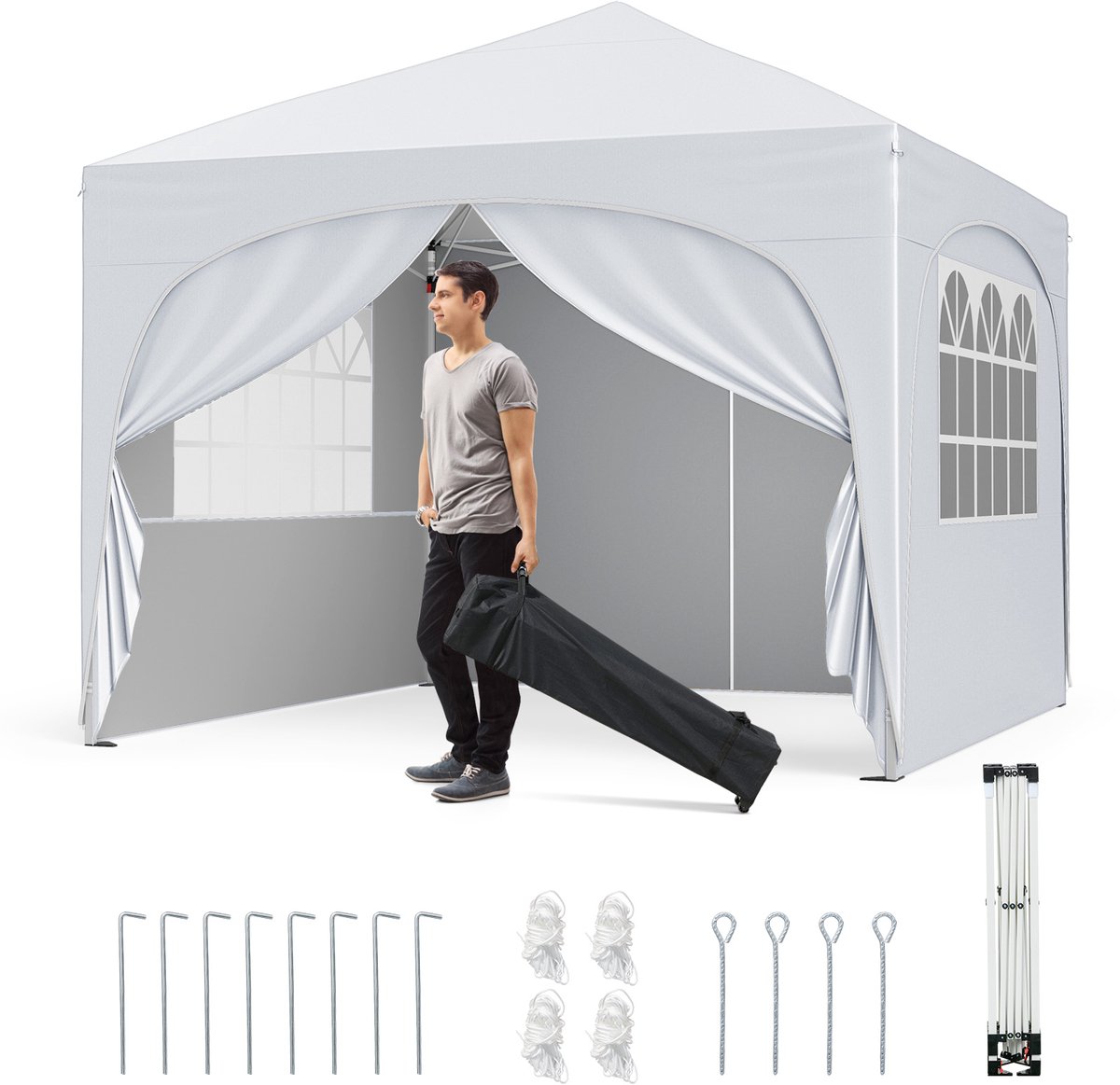 COSTWAY Paviljoen 3x3 m, vouwpaviljoen met 4 afneembare zijwanden, tuintent incl. roltas, 8 haringen, 4 ankers, 4 scheerlijnen, 4 zandzakken, tuinpaviljoen voor strand, tuin, park (wit)