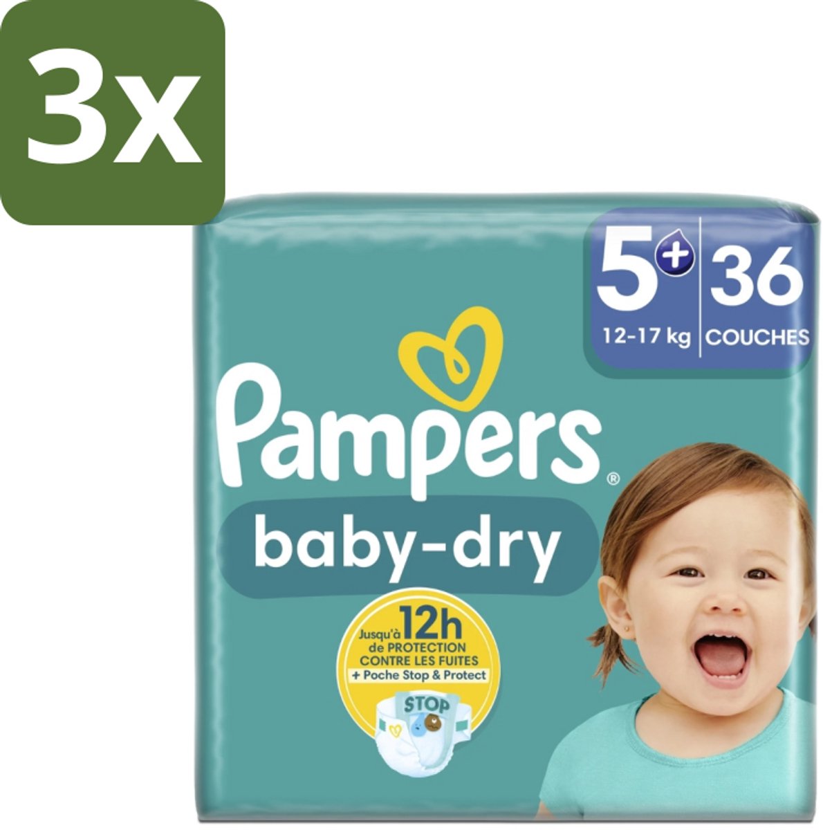 3 x Pampers – Luiers – Baby-Dry Maat 5+ (12-17 kg) – 36 Luiers - Baby-luiers - Droge Huid - Droge Luiers - Baby Droogheid - Droge Luier