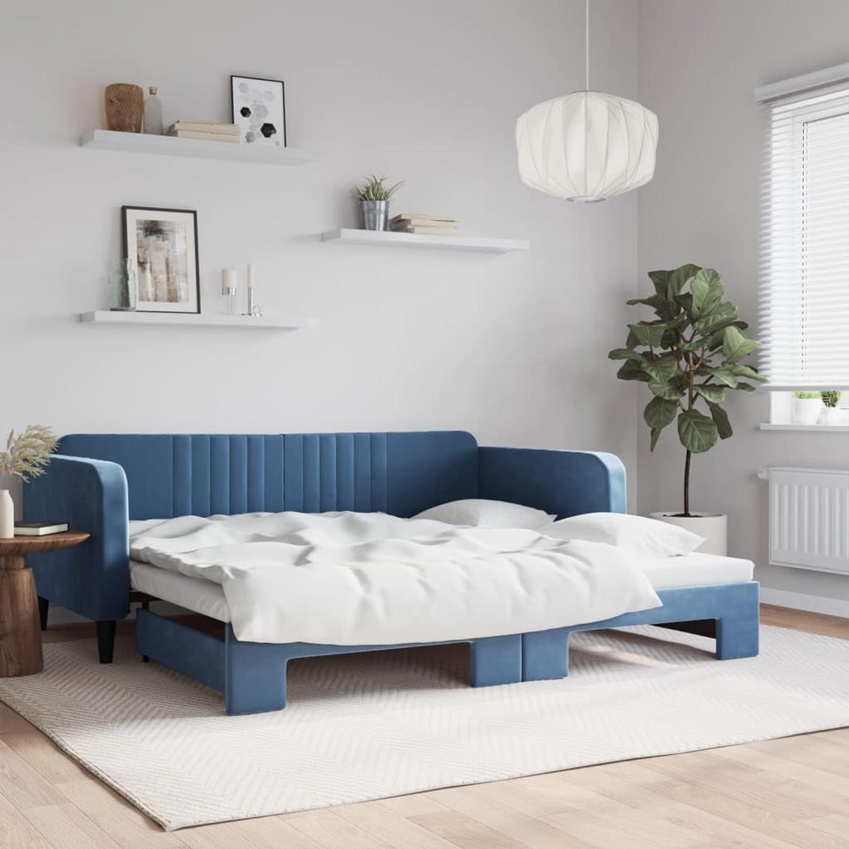 Uitschuifbare Slaapbank met Roll-out Bed Fluweel Stof Blauw