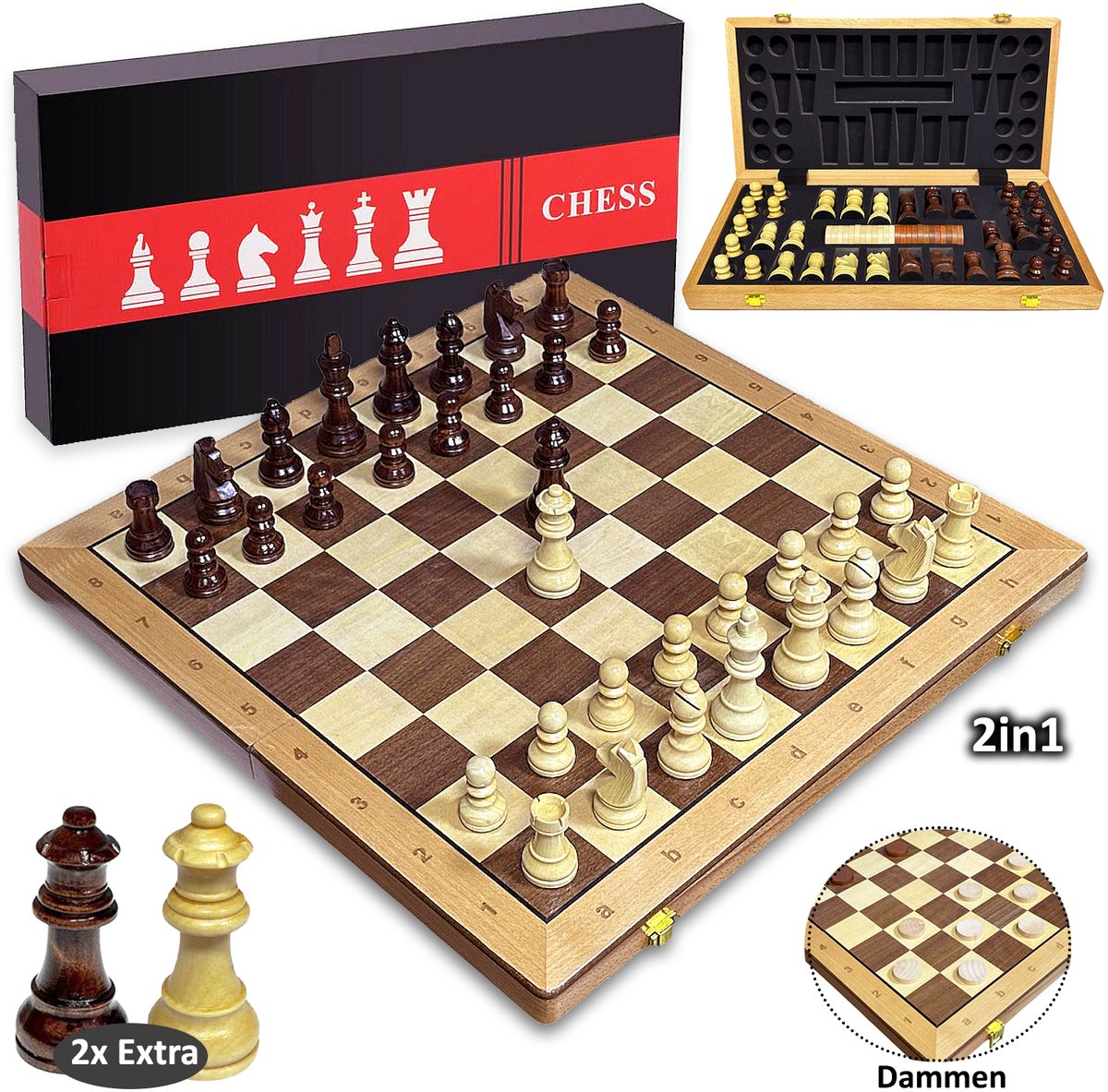Schaak & Dam set - opvouwbaar houten schaakbord - 43x43 cm - 2in1 CHESS & CHECKERS WOOD - schaken en Dammen