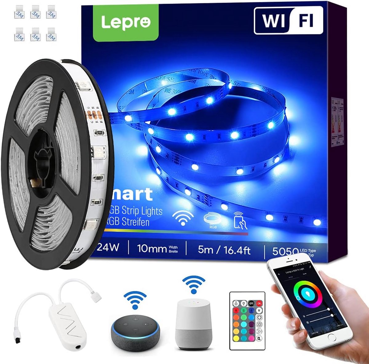 Slimme RGB LED Strip 5 Meter Dimbare Wifi Verlichting met Afstandsbediening