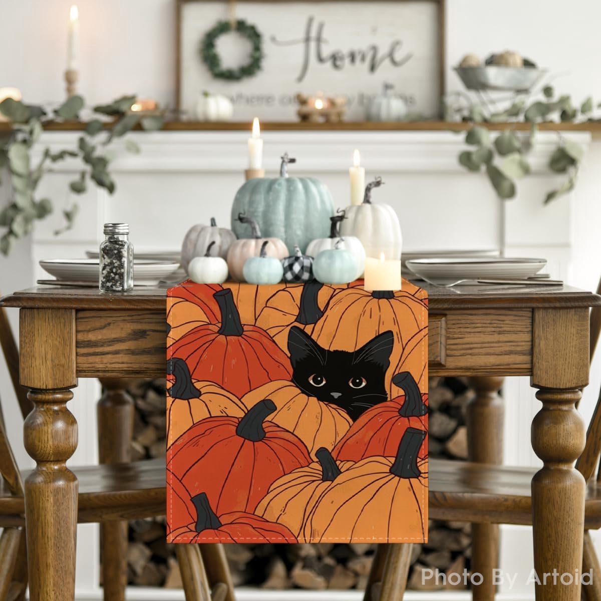 Tafelloper Halloween met Pompoenen en Zwarte Kat - 40x140 cm