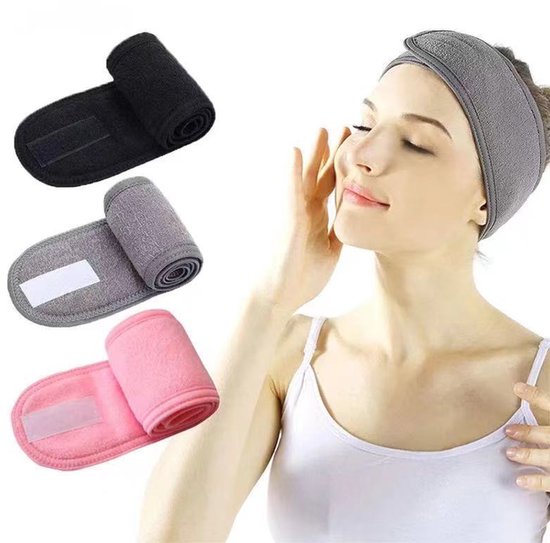 Set van 3 wasbare microvezel haarbanden voor vrouwen, ideaal voor make-up, haarwassen, baden en sporten, met klittenbandsluiting,Zwart + Grijs + Roze