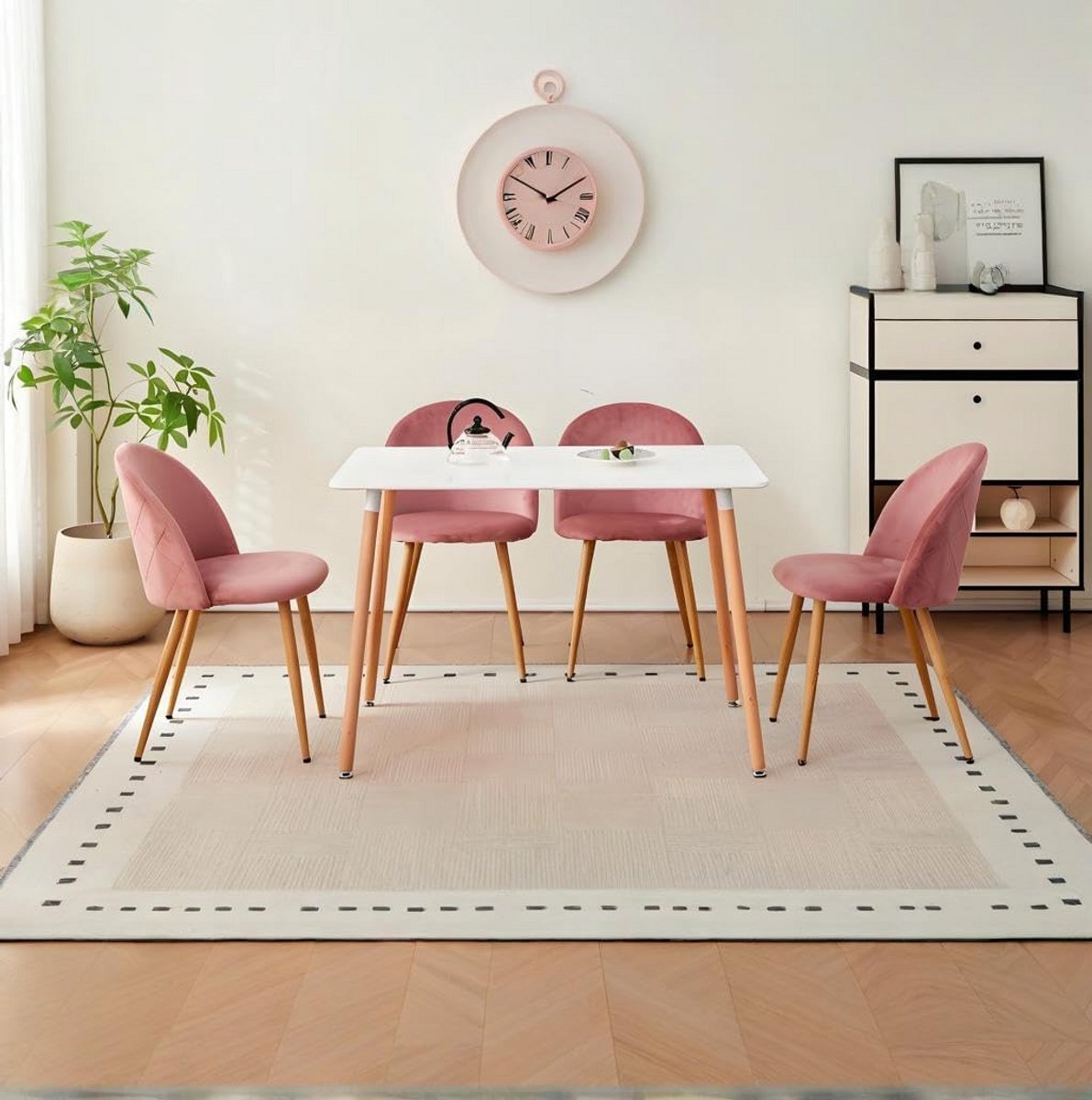Eetkamerset Tafel en 4 FluWelen Stoelen - Modern 5-Delig Dining Set (Wit/Roze)