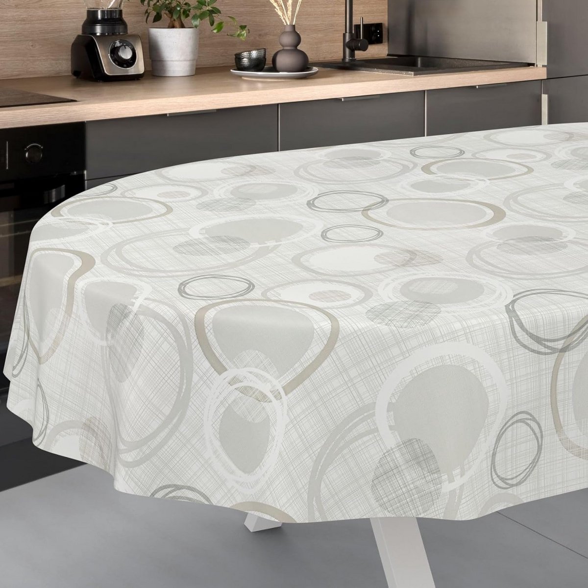 Wasbaar Tafelzeil Ovaal Wit Zilver Cirkels Geometrisch Patroon 280x140 cm