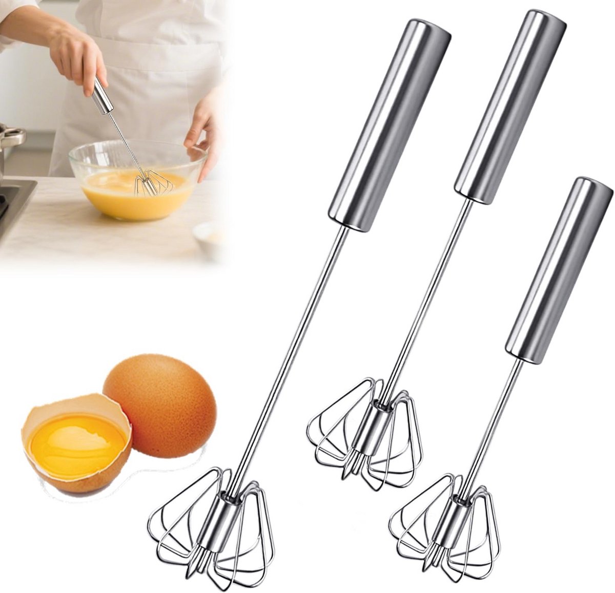 Set van 3 Roestvrijstalen Gardes - Handmatige Mixer voor Eieren, Beslag en Melk