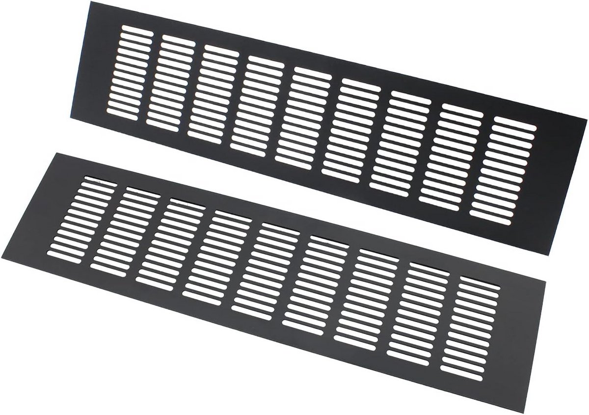 2x Ventilatie Rooster Rechthoekig Zwart Aluminium - Luchtrooster Afzuiging voor Kast, Keuken en Badkamer