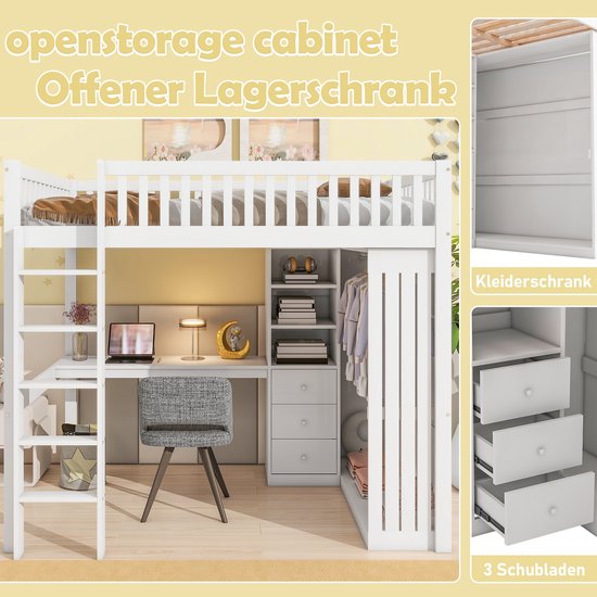 Lit mezzanine Merax 140x200 cm - avec bureau - armoire - 3 tiroirs - escalier - lit en bois avec espace de rangement - lit enfant avec bureau - Wit - sans Matras